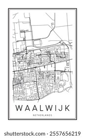 Printable downtown road map poster of the Dutch city of WAALWIJK on solid white background with city name