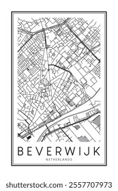 Printable downtown road map poster of the Dutch city of BEVERWIJK on solid white background with city name