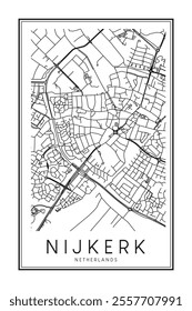 Printable downtown road map poster of the Dutch city of NIJKERK on solid white background with city name