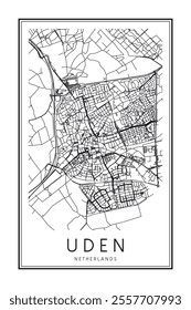Printable downtown road map poster of the Dutch city of UDEN on solid white background with city name