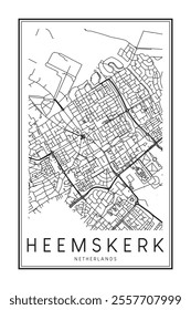 Printable downtown road map poster of the Dutch city of HEEMSKERK on solid white background with city name