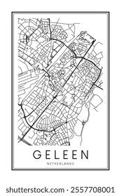 Printable downtown road map poster of the Dutch city of GELEEN on solid white background with city name