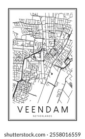 Printable downtown road map poster of the Dutch city of VEENDAM on solid white background with city name