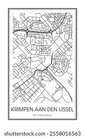 Printable downtown road map poster of the Dutch city of KRIMPEN AAN DEN IJSSEL on solid white background with city name