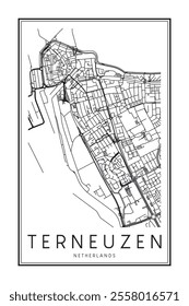 Printable downtown road map poster of the Dutch city of TERNEUZEN on solid white background with city name