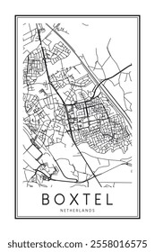 Printable downtown road map poster of the Dutch city of BOXTEL on solid white background with city name