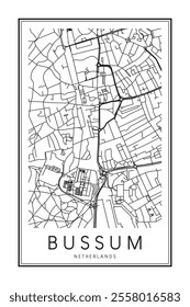 Printable downtown road map poster of the Dutch city of BUSSUM on solid white background with city name