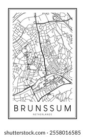 Printable downtown road map poster of the Dutch city of BRUNSSUM on solid white background with city name