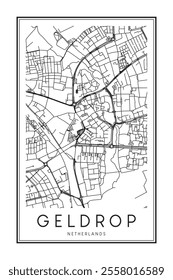 Printable downtown road map poster of the Dutch city of GELDROP on solid white background with city name
