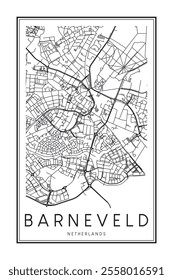 Printable downtown road map poster of the Dutch city of BARNEVELD on solid white background with city name