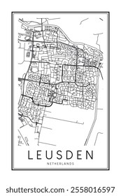 Printable downtown road map poster of the Dutch city of LEUSDEN on solid white background with city name