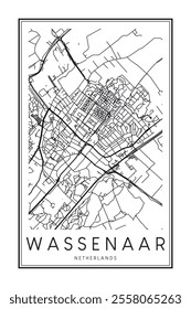 Printable downtown road map poster of the Dutch city of WASSENAAR on solid white background with city name