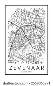 Printable downtown road map poster of the Dutch city of ZEVENAAR on solid white background with city name