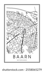 Printable downtown road map poster of the Dutch city of BAARN on solid white background with city name
