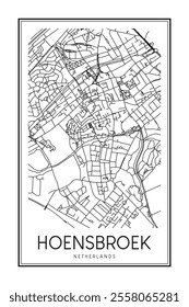 Printable downtown road map poster of the Dutch city of HOENSBROEK on solid white background with city name