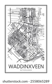 Printable downtown road map poster of the Dutch city of WADDINXVEEN on solid white background with city name