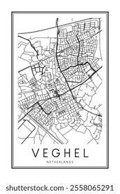 Printable downtown road map poster of the Dutch city of VEGHEL on solid white background with city name