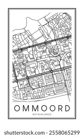 Printable downtown road map poster of the Dutch city of OMMOORD on solid white background with city name