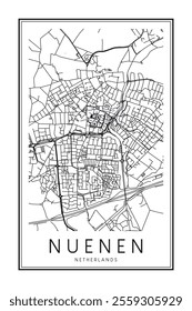 Printable downtown road map poster of the Dutch city of NUENEN on solid white background with city name