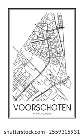 Printable downtown road map poster of the Dutch city of VOORSCHOTEN on solid white background with city name