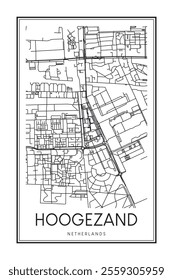 Printable downtown road map poster of the Dutch city of HOOGEZAND on solid white background with city name
