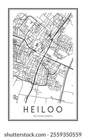 Printable downtown road map poster of the Dutch city of HEILOO on solid white background with city name