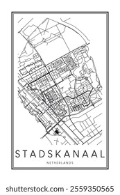 Printable downtown road map poster of the Dutch city of STADSKANAAL on solid white background with city name