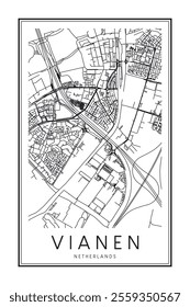 Printable downtown road map poster of the Dutch city of VIANEN on solid white background with city name