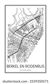 Printable downtown road map poster of the Dutch city of BERKEL EN RODENRIJS on solid white background with city name