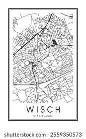 Printable downtown road map poster of the Dutch city of WISCH on solid white background with city name