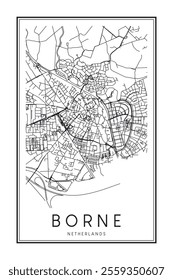 Printable downtown road map poster of the Dutch city of BORNE on solid white background with city name