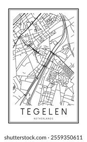 Printable downtown road map poster of the Dutch city of TEGELEN on solid white background with city name