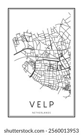 Printable downtown road map poster of the Dutch city of VELP on solid white background with city name