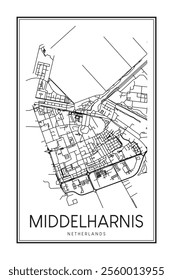 Printable downtown road map poster of the Dutch city of MIDDELHARNIS on solid white background with city name