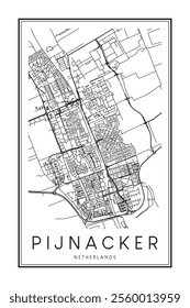 Printable downtown road map poster of the Dutch city of PIJNACKER on solid white background with city name