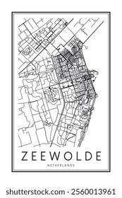 Printable downtown road map poster of the Dutch city of ZEEWOLDE on solid white background with city name