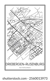 Printable downtown road map poster of the Dutch city of DRIEBERGEN-RIJSENBURG on solid white background with city name