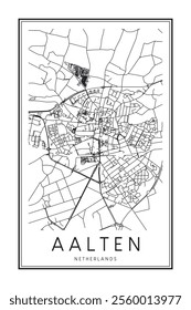 Printable downtown road map poster of the Dutch city of AALTEN on solid white background with city name