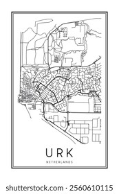 Printable downtown road map poster of the Dutch city of URK on solid white background with city name