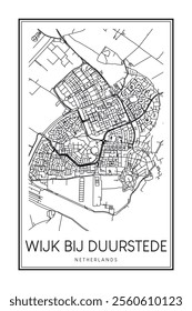 Printable downtown road map poster of the Dutch city of WIJK BIJ DUURSTEDE on solid white background with city name