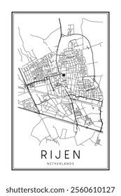 Printable downtown road map poster of the Dutch city of RIJEN on solid white background with city name