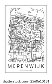 Printable downtown road map poster of the Dutch city of MERENWIJK on solid white background with city name