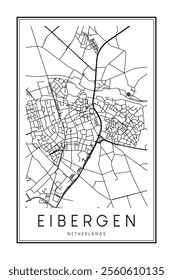Printable downtown road map poster of the Dutch city of EIBERGEN on solid white background with city name