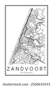 Printable downtown road map poster of the Dutch city of ZANDVOORT on solid white background with city name
