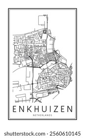 Printable downtown road map poster of the Dutch city of ENKHUIZEN on solid white background with city name