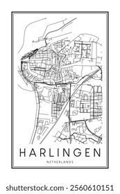 Printable downtown road map poster of the Dutch city of HARLINGEN on solid white background with city name