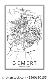 Printable downtown road map poster of the Dutch city of GEMERT on solid white background with city name