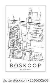 Printable downtown road map poster of the Dutch city of BOSKOOP on solid white background with city name