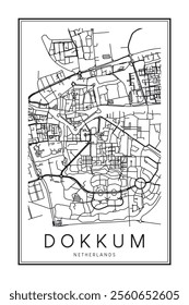 Printable downtown road map poster of the Dutch city of DOKKUM on solid white background with city name