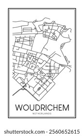 Printable downtown road map poster of the Dutch city of WOUDRICHEM on solid white background with city name